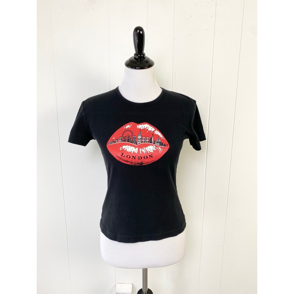 Glorious Britain London Lips Graphic Baby Tee Black Cotton Small Y2K Souvenir S